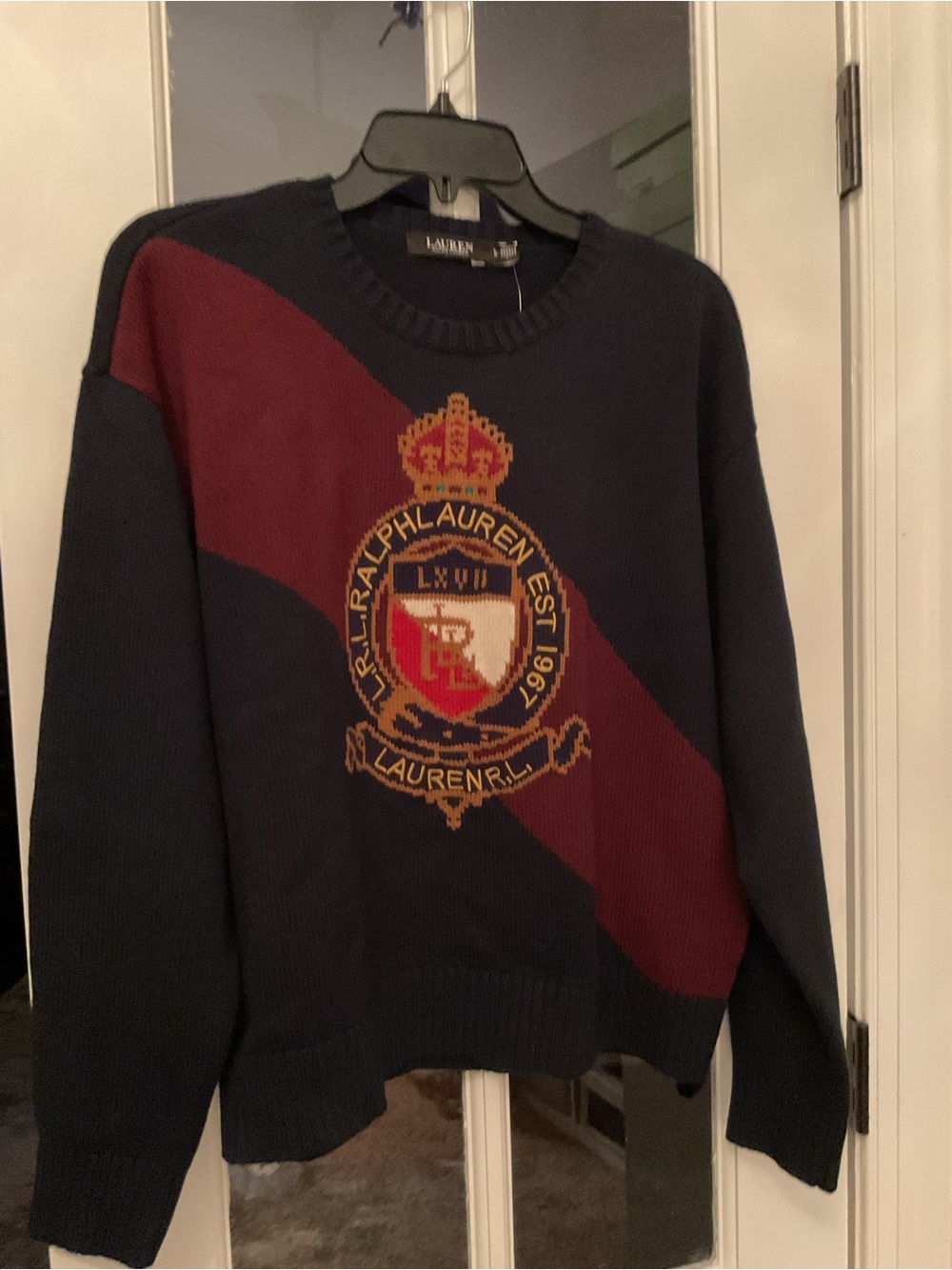 Ralph Lauren Navy Crewneck Sweater with Burgundy Diagonal Stripe & Crest - Picture 12 of 13